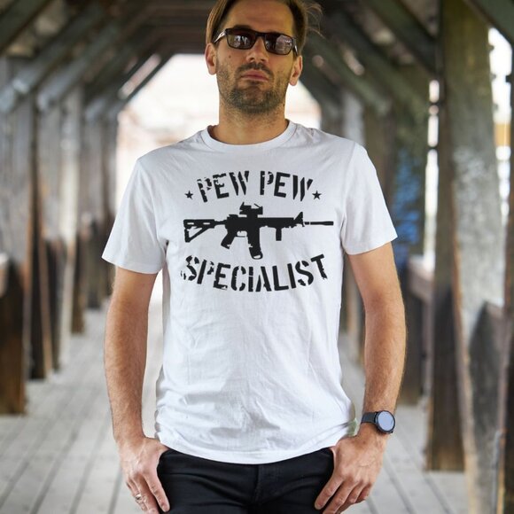 Pew Pew Specialist Mens Tee Graphic Short Sleeve T-Shirt - Picture 1 of 2